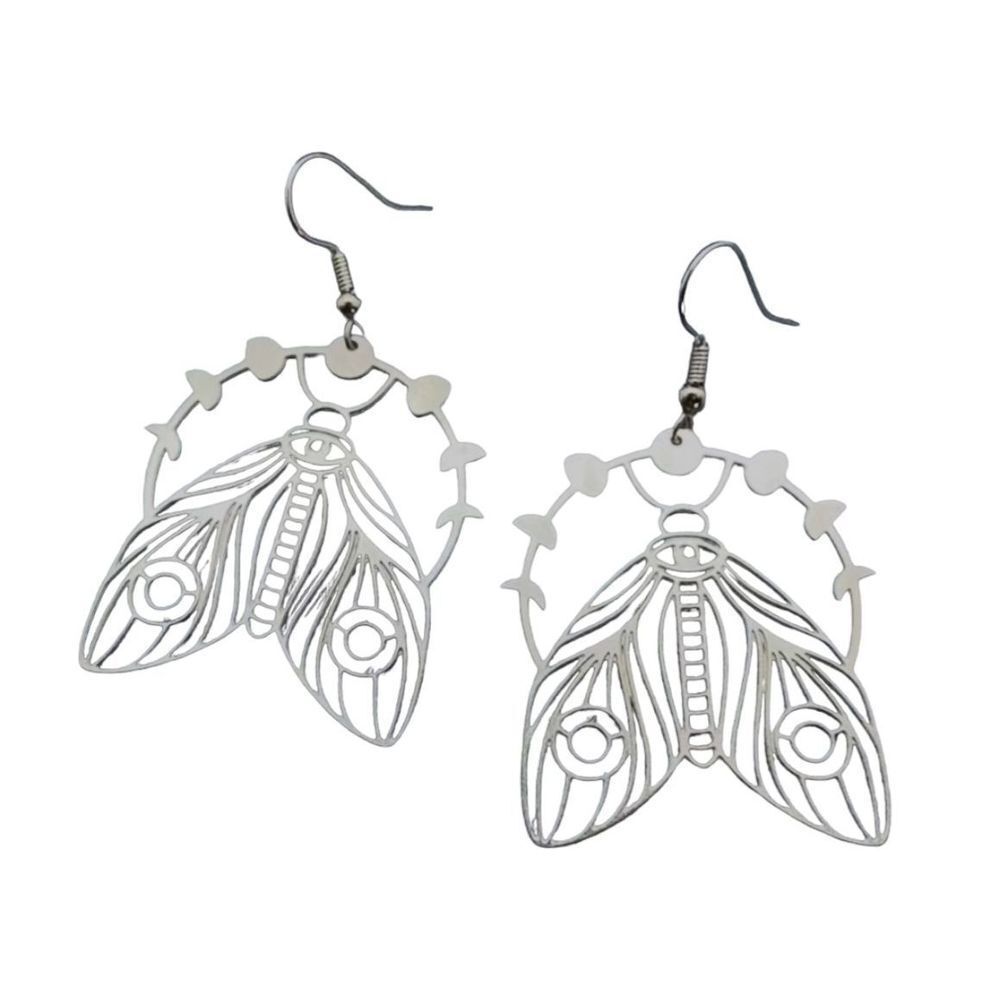 New Silver Colored Moon Phase Moth Earrings Celestial Night Cute Halloween